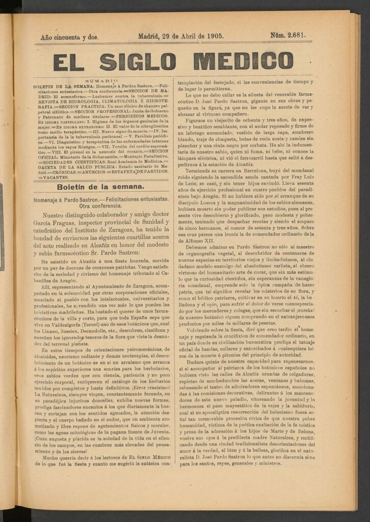 Miniatura de El Siglo Médico: boletín de medicina y gaceta médica del 29 de abril de 1905