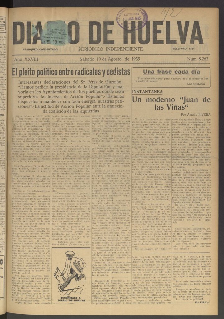 Miniatura de Diario de Huelva : periódico independiente del 10 de agosto de 1935