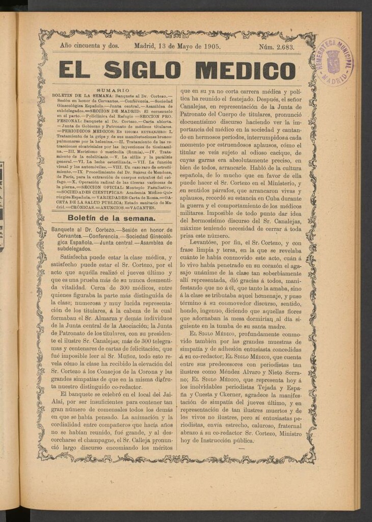 Miniatura de El Siglo Médico: boletín de medicina y gaceta médica del 13 de mayo de 1905