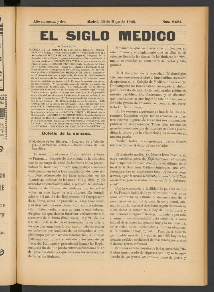 Miniatura de El Siglo Médico: boletín de medicina y gaceta médica del 20 de mayo de 1905