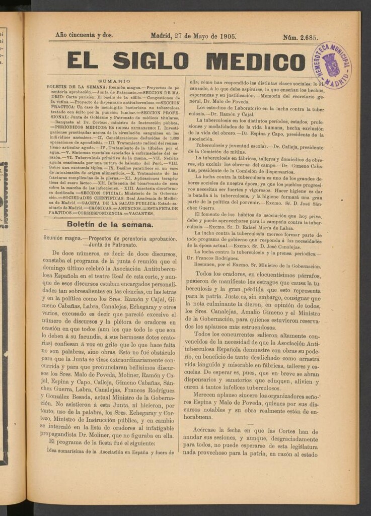 Miniatura de El Siglo Médico: boletín de medicina y gaceta médica del 27 de mayo de 1905