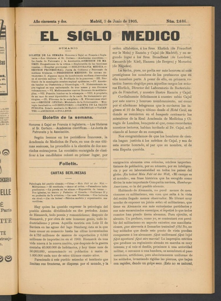 Miniatura de El Siglo Médico: boletín de medicina y gaceta médica del 3 de junio de 1905