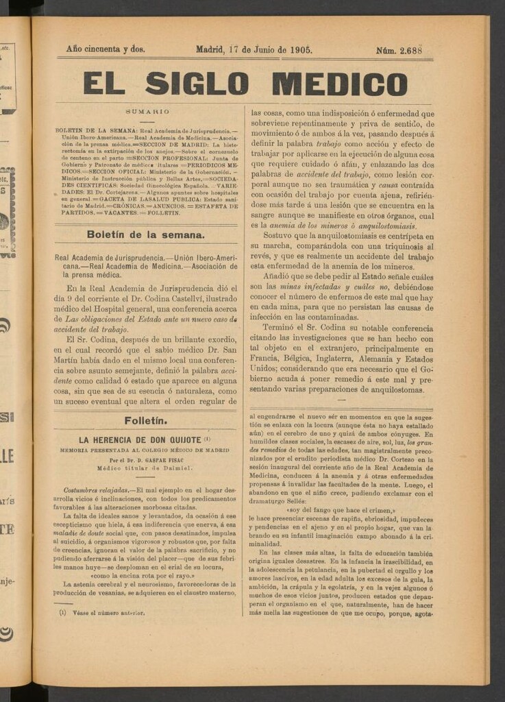 Miniatura de El Siglo Médico: boletín de medicina y gaceta médica del 17 de junio de 1905