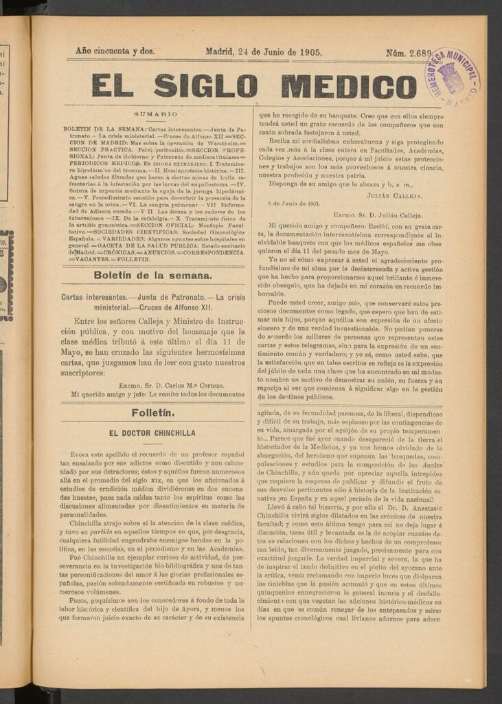 Miniatura de El Siglo Médico: boletín de medicina y gaceta médica del 24 de junio de 1905