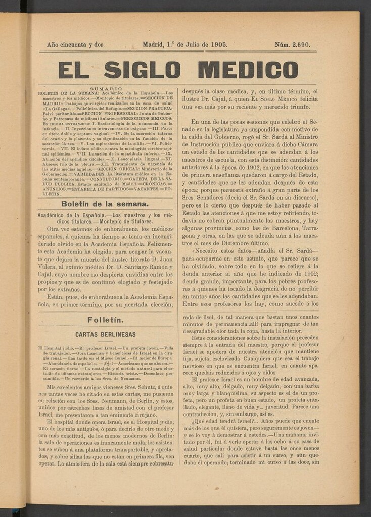 Miniatura de El Siglo Médico: boletín de medicina y gaceta médica del 1 de julio de 1905