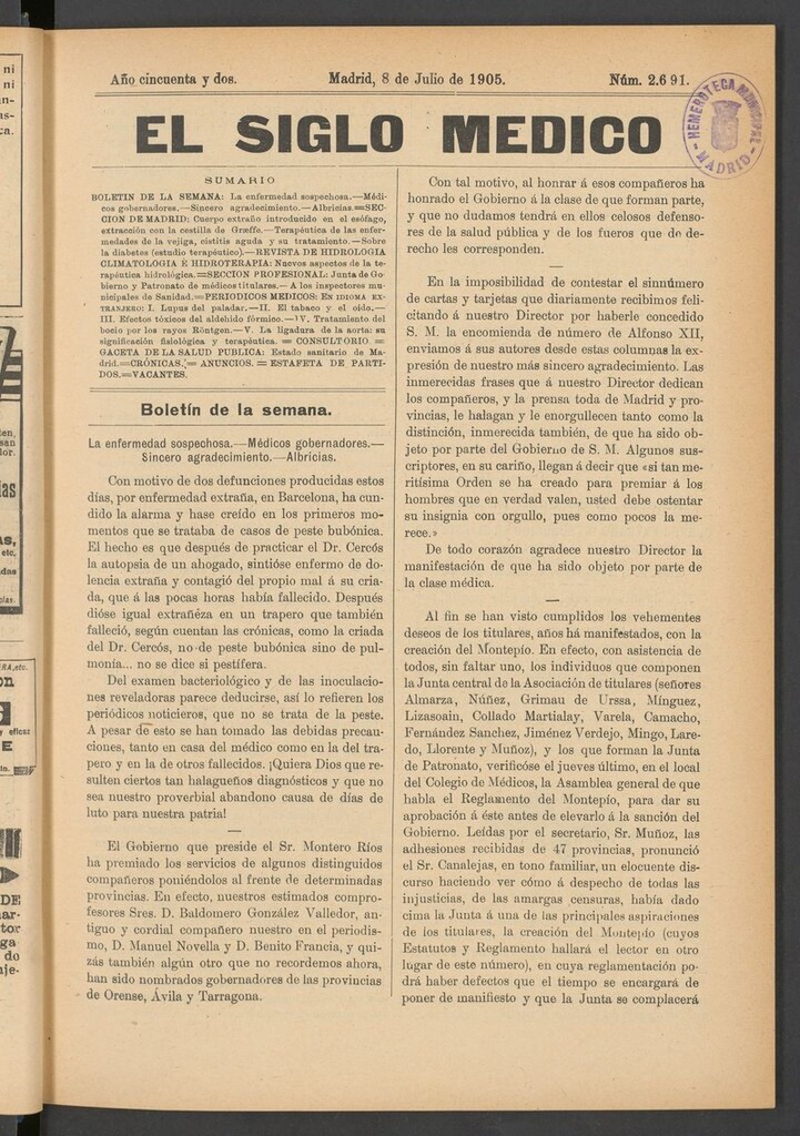 Miniatura de El Siglo Médico: boletín de medicina y gaceta médica del 8 de julio de 1905