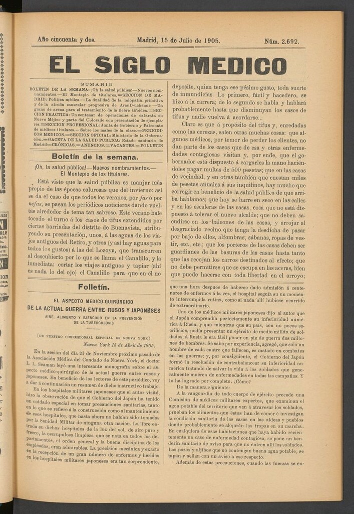 Miniatura de El Siglo Médico: boletín de medicina y gaceta médica del 15 de julio de 1905