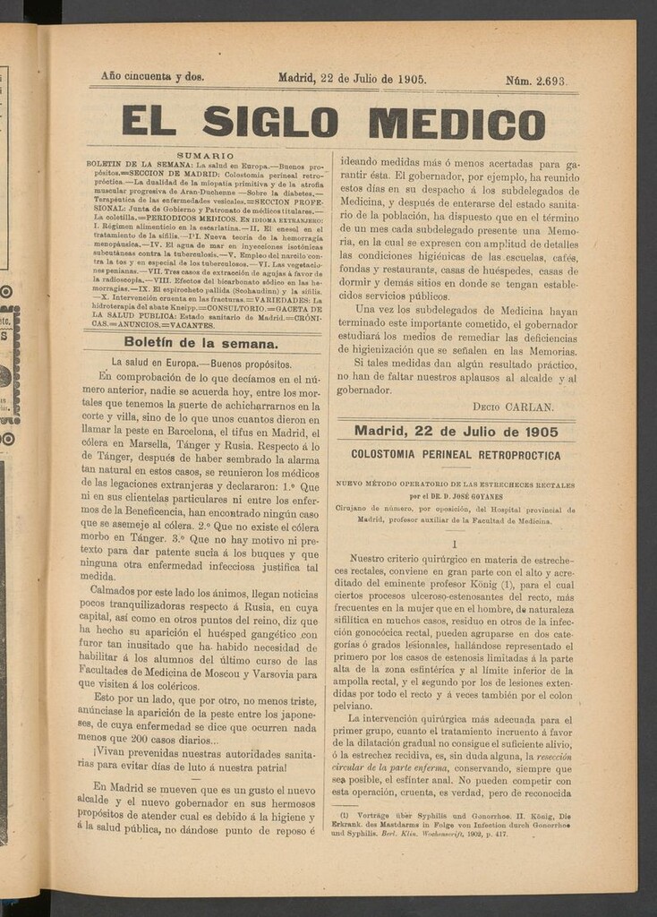 Miniatura de El Siglo Médico: boletín de medicina y gaceta médica del 22 de julio de 1905