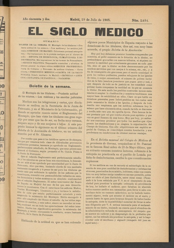 Miniatura de El Siglo Médico: boletín de medicina y gaceta médica del 29 de julio de 1905