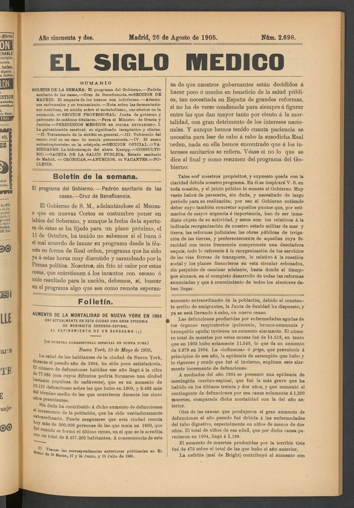 Miniatura de El Siglo Médico: boletín de medicina y gaceta médica del 26 de agosto de 1905