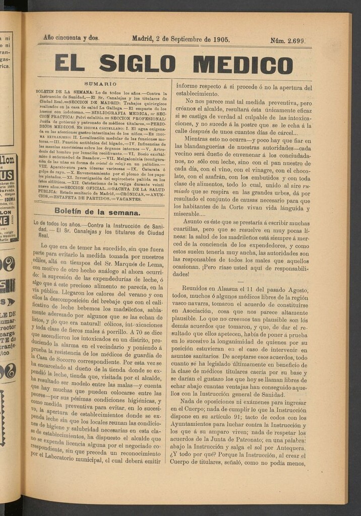 Miniatura de El Siglo Médico: boletín de medicina y gaceta médica del 2 de septiembre de 1905
