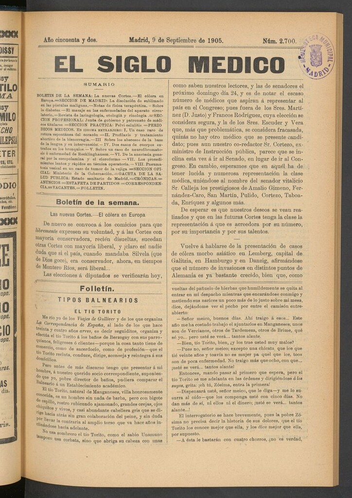 Miniatura de El Siglo Médico: boletín de medicina y gaceta médica del 9 de septiembre de 1905