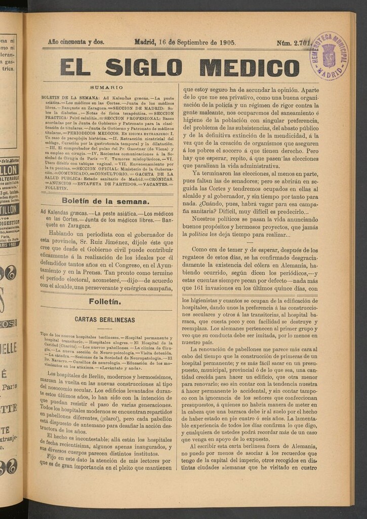 Miniatura de El Siglo Médico: boletín de medicina y gaceta médica del 16 de septiembre de 1905