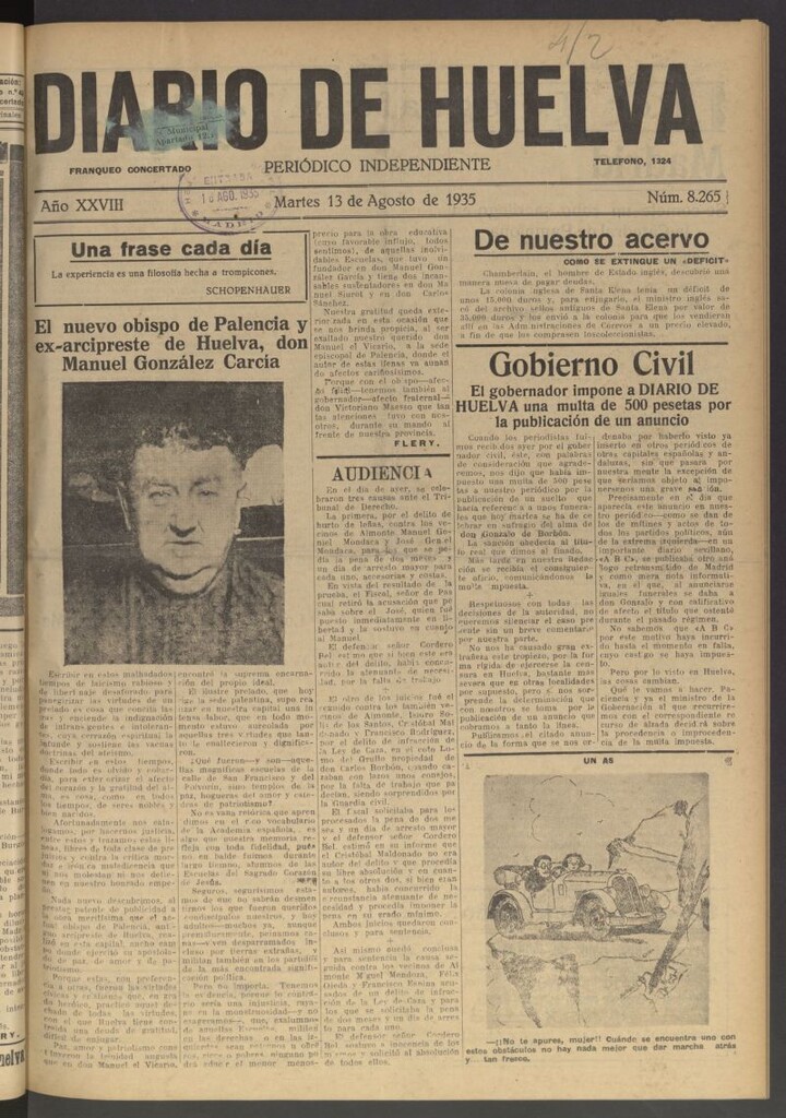 Miniatura de Diario de Huelva : periódico independiente del 13 de agosto de 1935