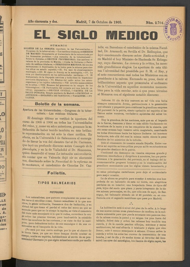 Miniatura de El Siglo Médico: boletín de medicina y gaceta médica del 7 de octubre de 1905
