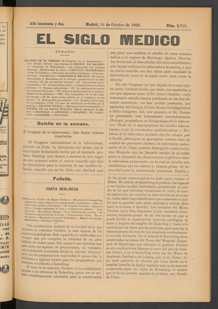 Miniatura de El Siglo Médico: boletín de medicina y gaceta médica del 14 de octubre de 1905