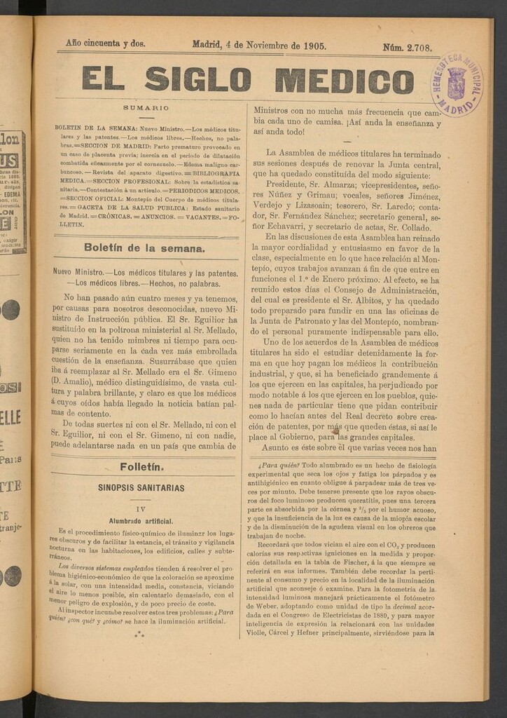 Miniatura de El Siglo Médico: boletín de medicina y gaceta médica del 4 de noviembre de 1905