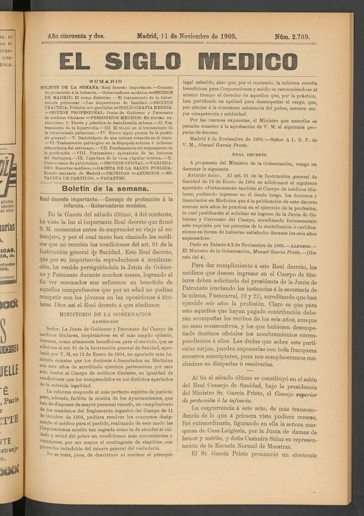 Miniatura de El Siglo Médico: boletín de medicina y gaceta médica del 11 de noviembre de 1905