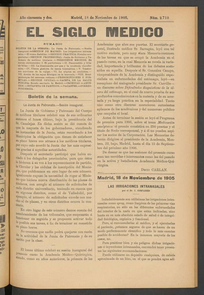 Miniatura de El Siglo Médico: boletín de medicina y gaceta médica del 18 de noviembre de 1905