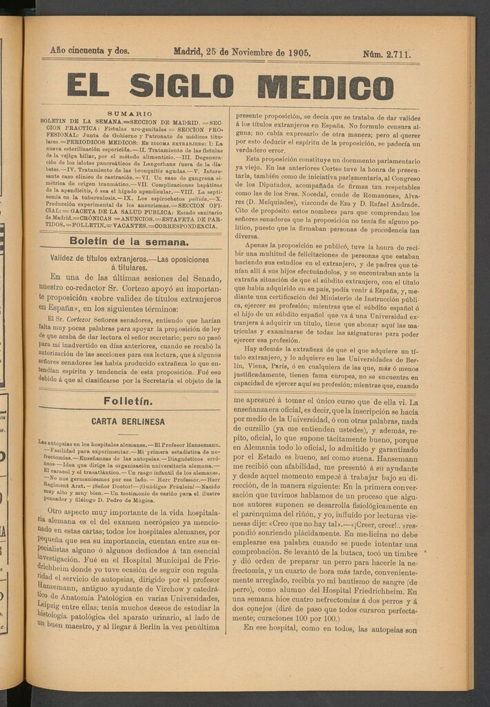 Miniatura de El Siglo Médico: boletín de medicina y gaceta médica del 25 de noviembre de 1905
