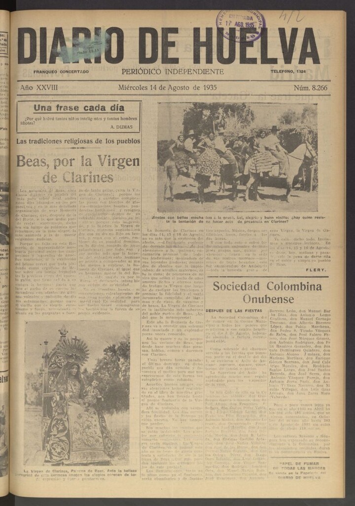 Miniatura de Diario de Huelva : periódico independiente del 14 de agosto de 1935