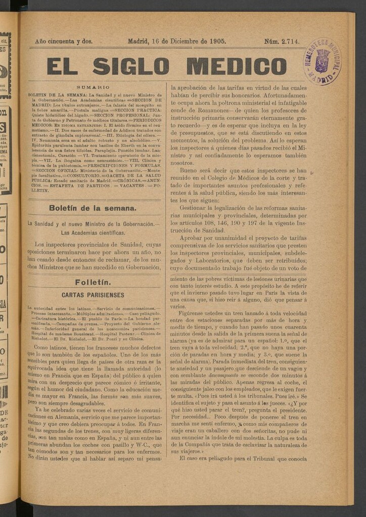 Miniatura de El Siglo Médico: boletín de medicina y gaceta médica del 16 de diciembre de 1905