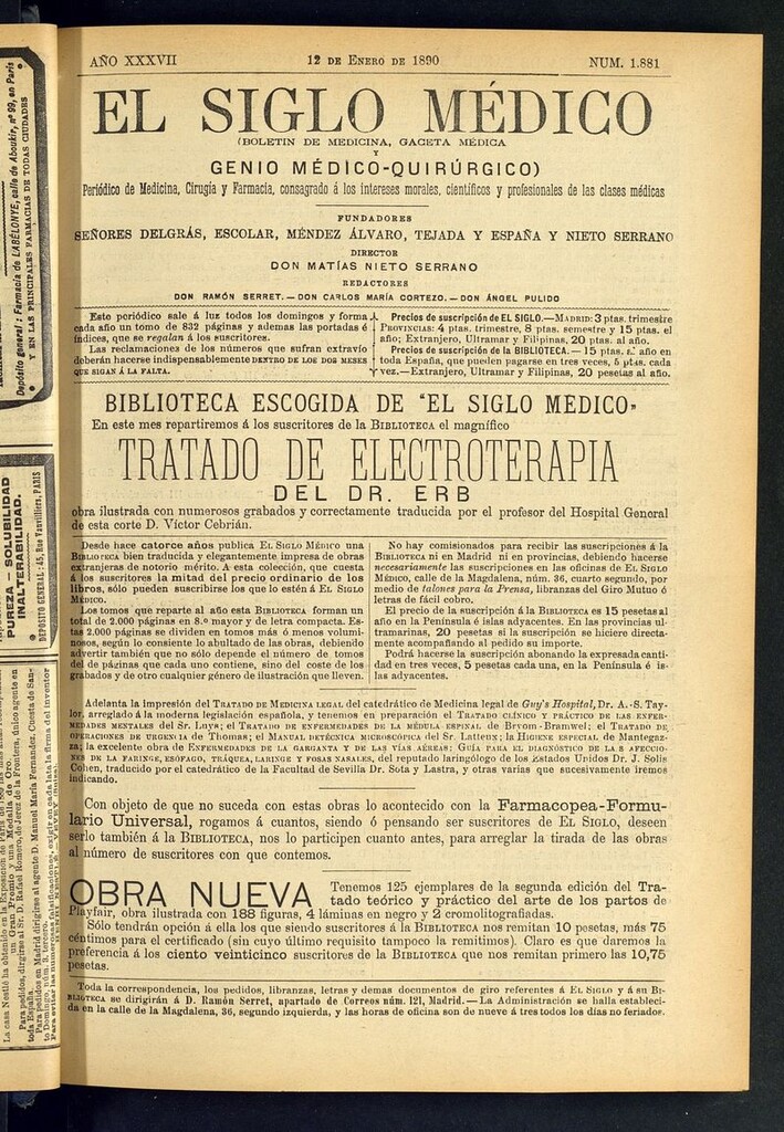 Miniatura de El Siglo Médico: boletín de medicina y gaceta médica del 12 de enero de 1890
