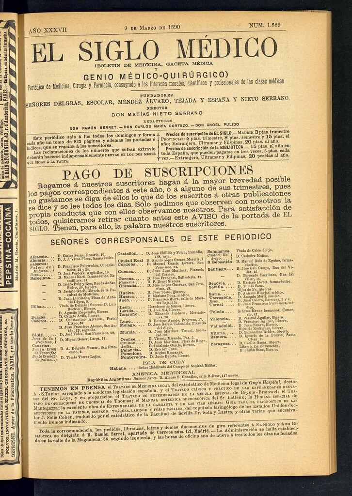 Miniatura de El Siglo Médico: boletín de medicina y gaceta médica del 9 de marzo de 1890