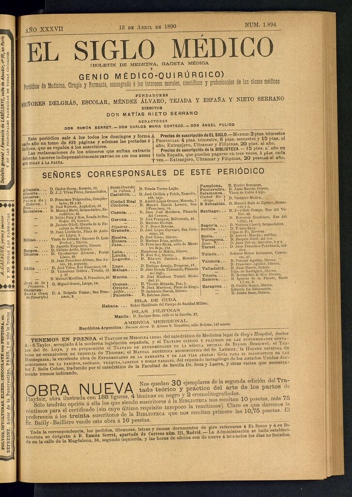 Miniatura de El Siglo Médico: boletín de medicina y gaceta médica del 13 de abril de 1890