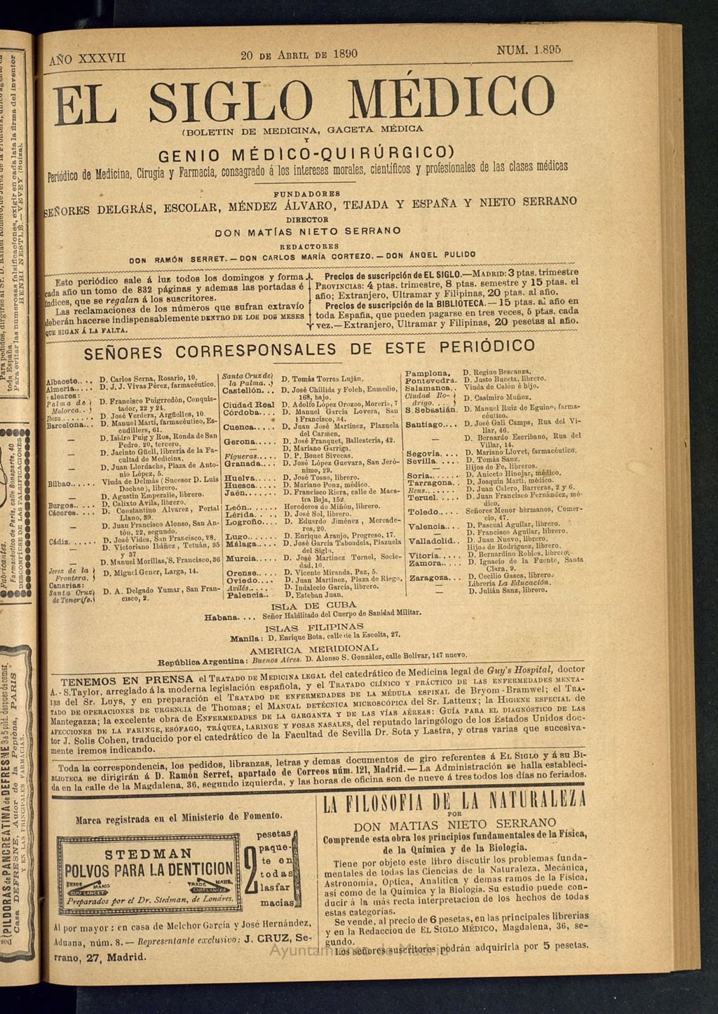 Miniatura de El Siglo Médico: boletín de medicina y gaceta médica del 20 de abril de 1890