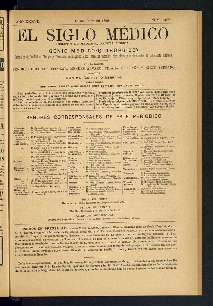 Miniatura de El Siglo Médico: boletín de medicina y gaceta médica del 15 de junio de 1890