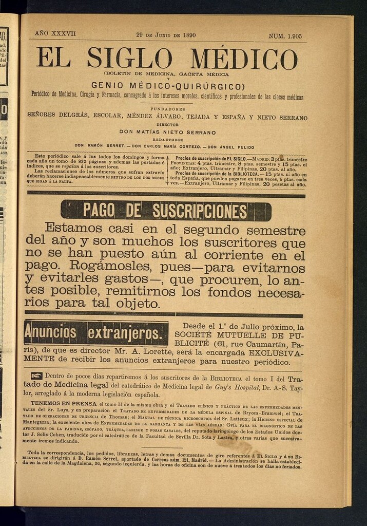 Miniatura de El Siglo Médico: boletín de medicina y gaceta médica del 29 de junio de 1890