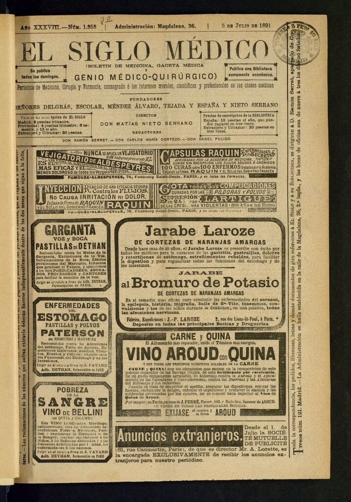 Miniatura de El Siglo Médico : boletín de medicina y gaceta médica del 5 de julio de 1891