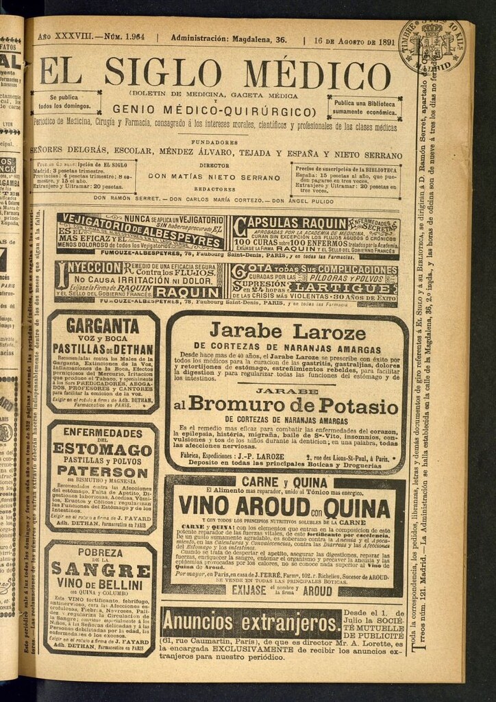 Miniatura de El Siglo Médico : boletín de medicina y gaceta médica del 16 de agosto de 1891