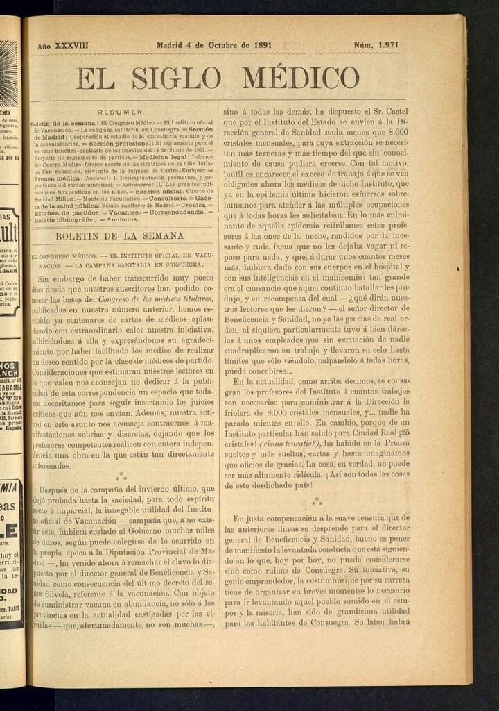 Miniatura de El Siglo Médico : boletín de medicina y gaceta médica del 4 de octubre de 1891