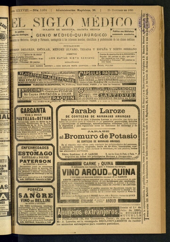 Miniatura de El Siglo Médico : boletín de medicina y gaceta médica del 25 de octubre de 1891