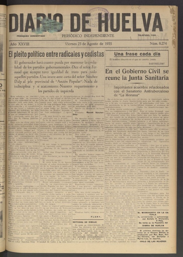 Miniatura de Diario de Huelva : periódico independiente del 23 de agosto de 1935