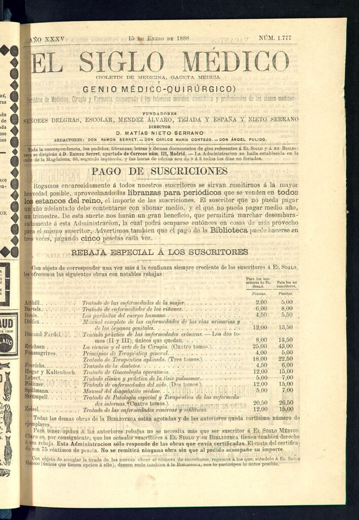 Miniatura de El Siglo Médico: boletín de medicina y gaceta médica del 15 de enero de 1888