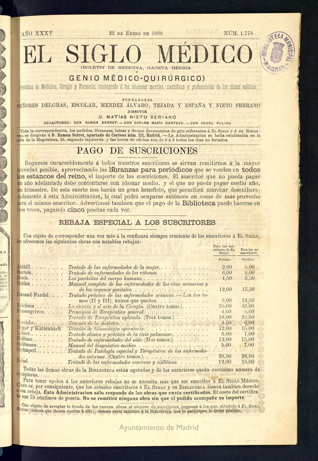 Miniatura de El Siglo Médico: boletín de medicina y gaceta médica del 22 de enero de 1888