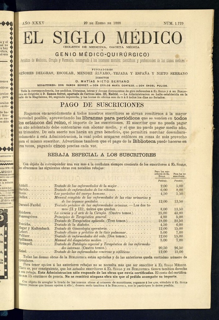 Miniatura de El Siglo Médico: boletín de medicina y gaceta médica del 29 de enero de 1888