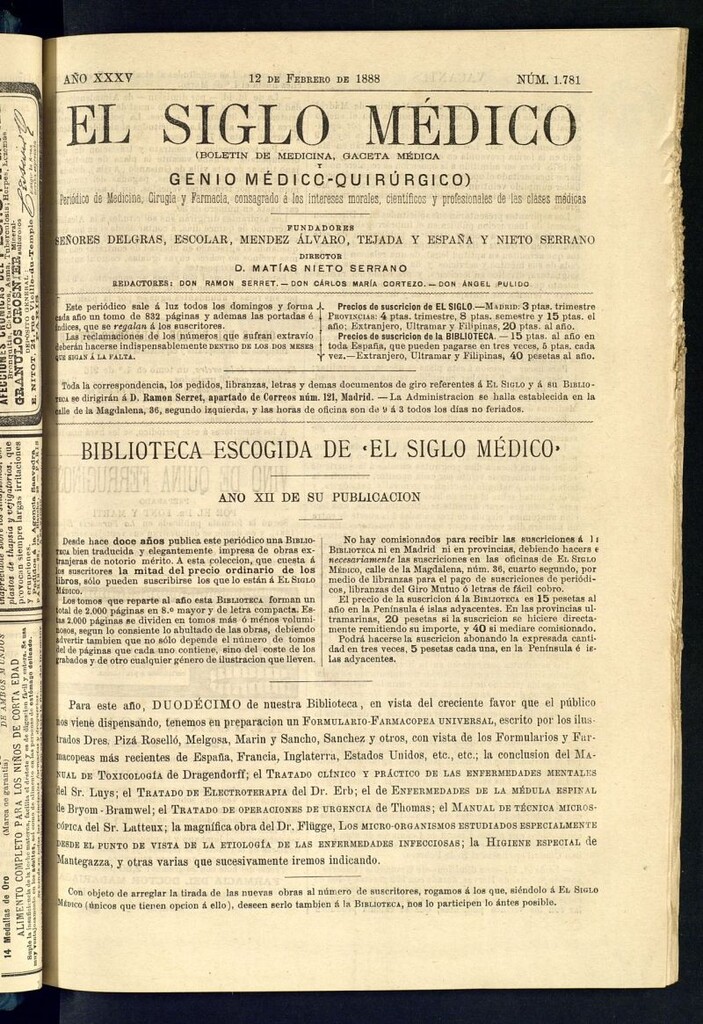 Miniatura de El Siglo Médico: boletín de medicina y gaceta médica del 12 de febrero de 1888
