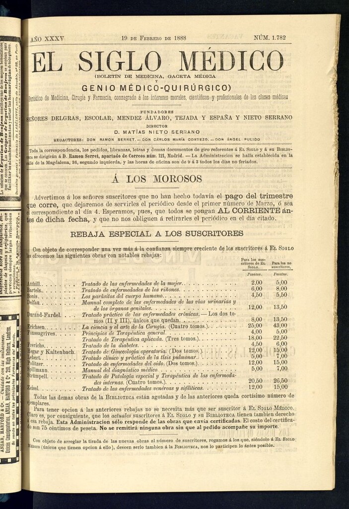 Miniatura de El Siglo Médico: boletín de medicina y gaceta médica del 19 de febrero de 1888