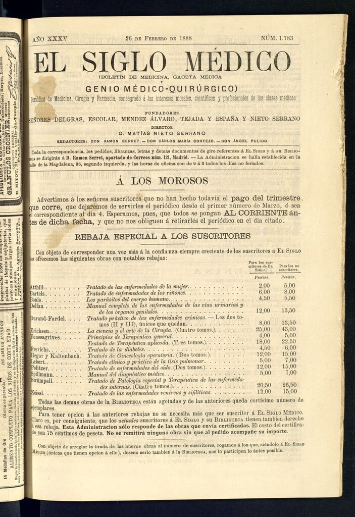 Miniatura de El Siglo Médico: boletín de medicina y gaceta médica del 26 de febrero de 1888