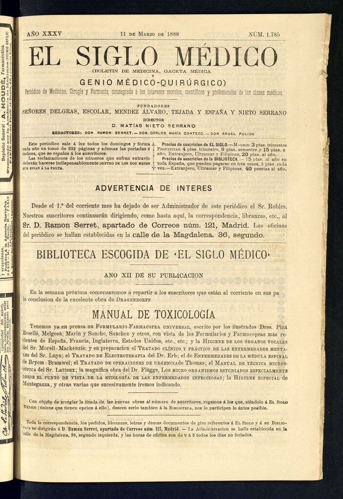 Miniatura de El Siglo Médico: boletín de medicina y gaceta médica del 11 de marzo de 1888