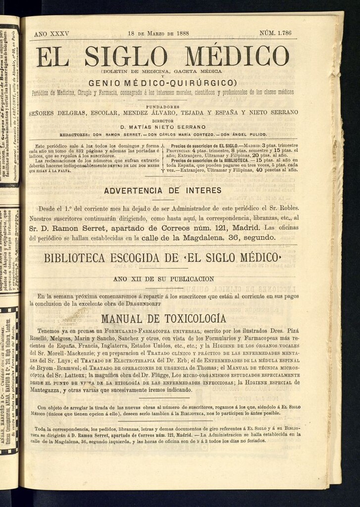 Miniatura de El Siglo Médico: boletín de medicina y gaceta médica del 18 de marzo de 1888