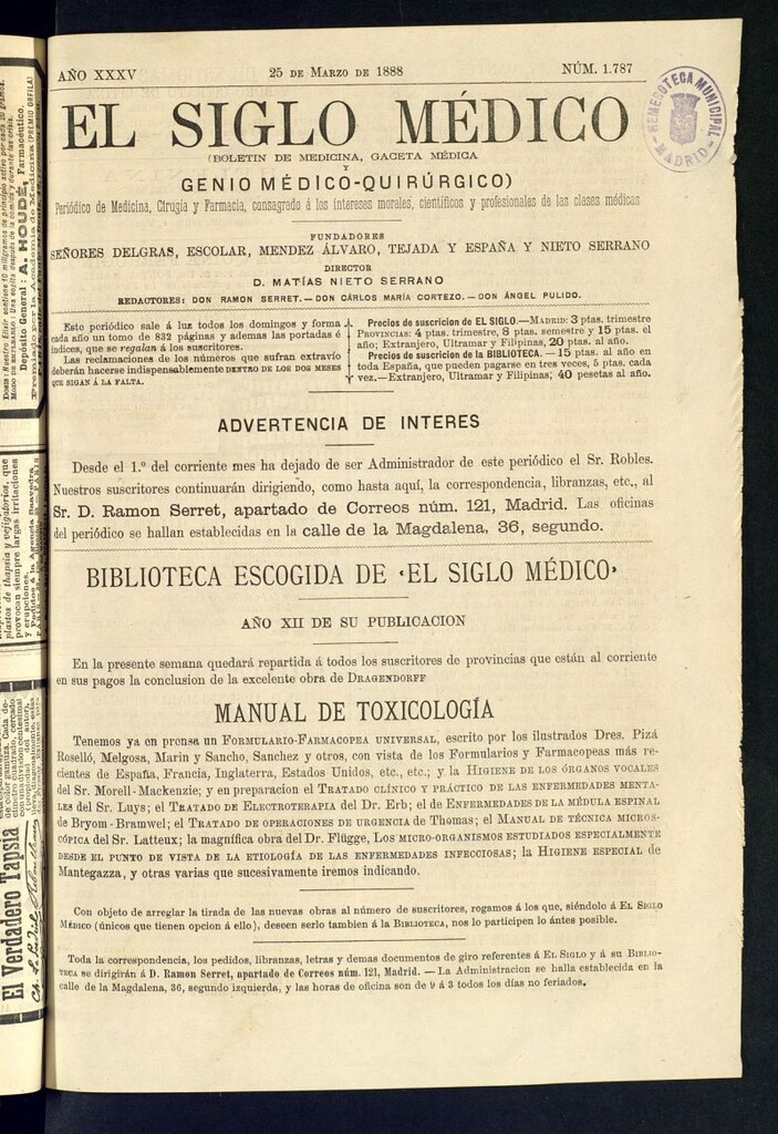 Miniatura de El Siglo Médico: boletín de medicina y gaceta médica del 25 de marzo de 1888