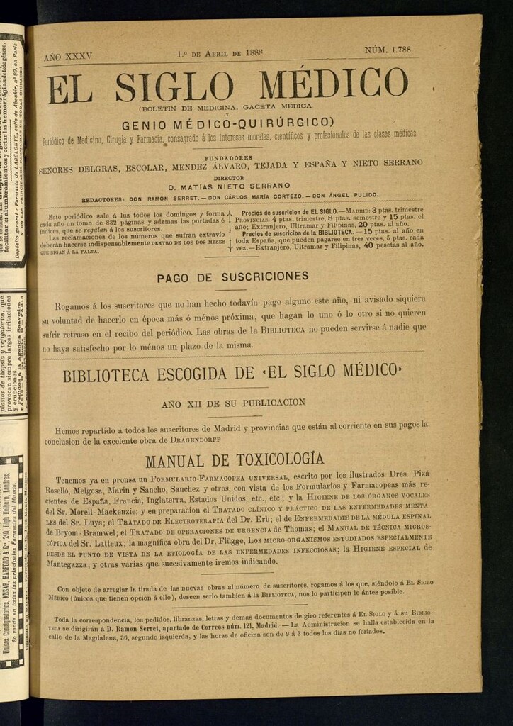 Miniatura de El Siglo Médico: boletín de medicina y gaceta médica del 1 de abril de 1888