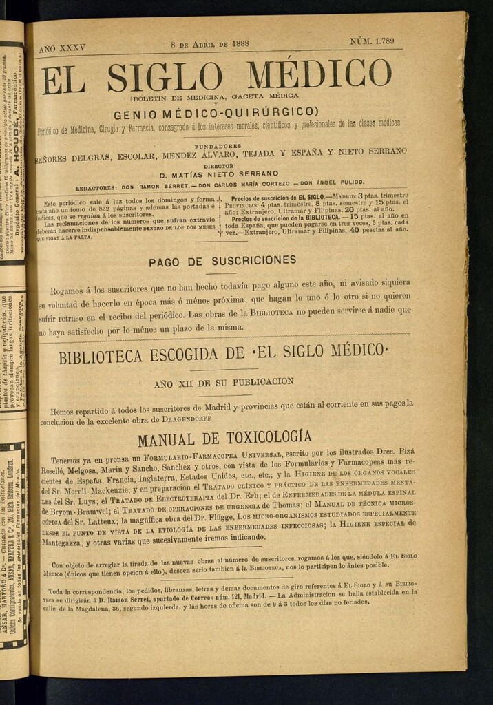 Miniatura de El Siglo Médico: boletín de medicina y gaceta médica del 8 de abril de 1888