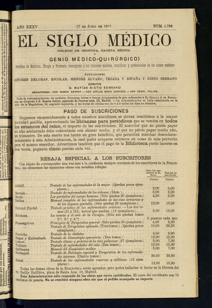 Miniatura de El Siglo Médico: boletín de medicina y gaceta médica del 17 de junio de 1888