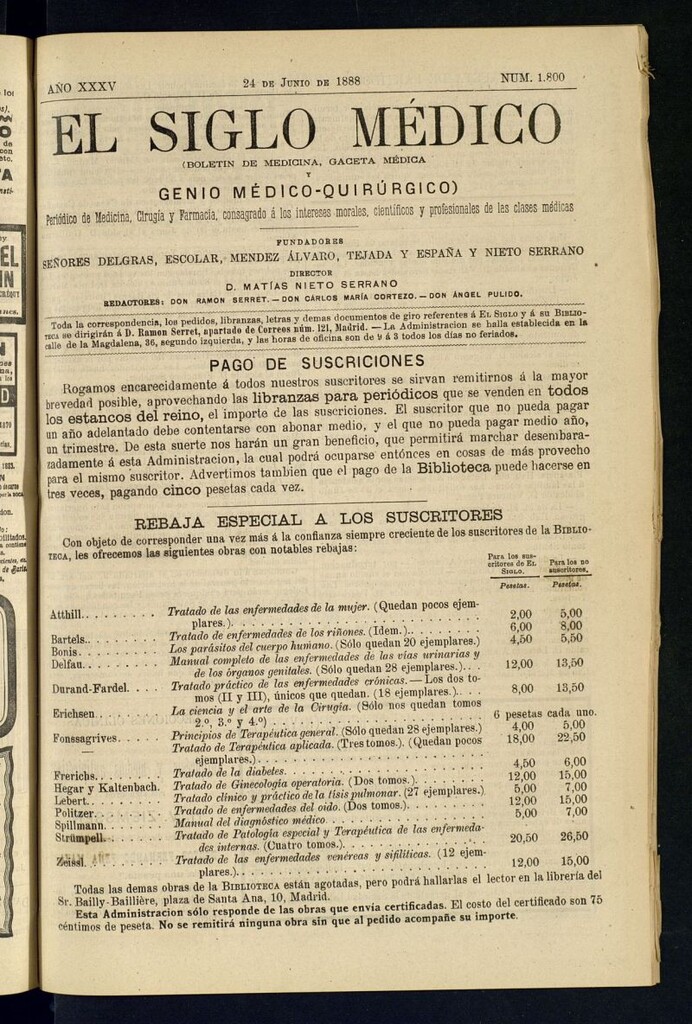 Miniatura de El Siglo Médico: boletín de medicina y gaceta médica del 24 de junio de 1888